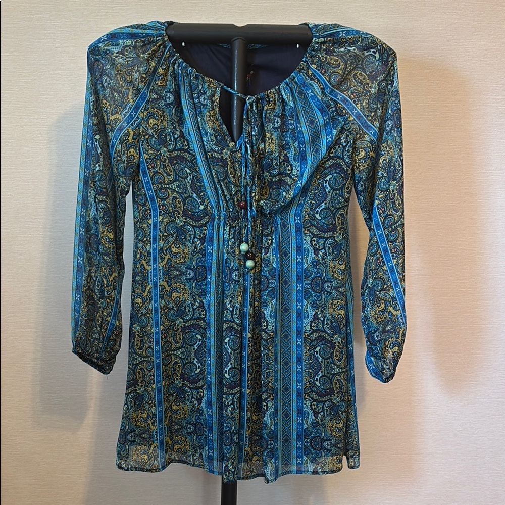 Teeze Me Blue and Gold Patterned Blouse